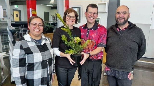 Tahana Turner, Kelly Brown (Ministry Assistant), Aux-Lieut Roderick Brown (Corps Officer) and Chris Waixel at the ‘ceremonial exchange’ at Launceston Corps’ NAIDOC Week service.