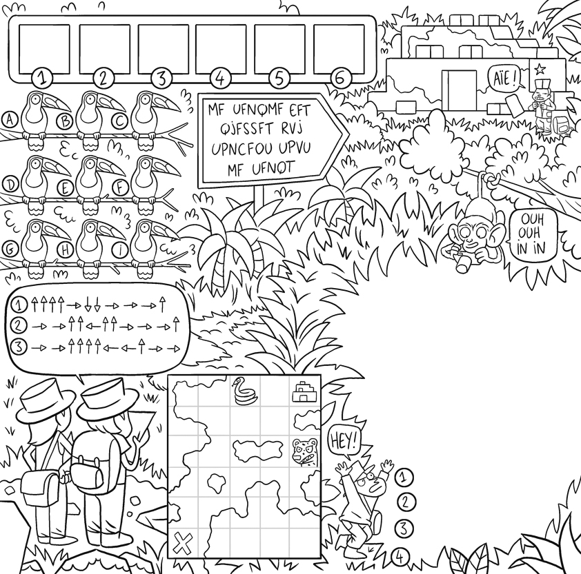 Crayonné d'un dessin de jeu pour magazine, explorateurs dans la jungle