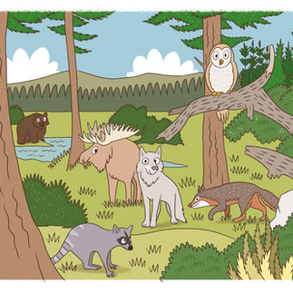 Dessin d'une scène nature avec des animaux dans un style très jeunesse