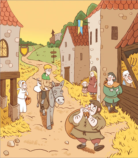 Illustration d'une rue au Moyen-Age - livre pour enfants