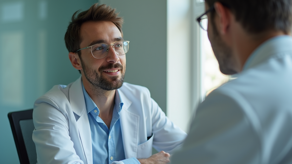 Vista a nivel de los ojos de un psicólogo administrando una prueba psicológica en un consultorio tranquilo