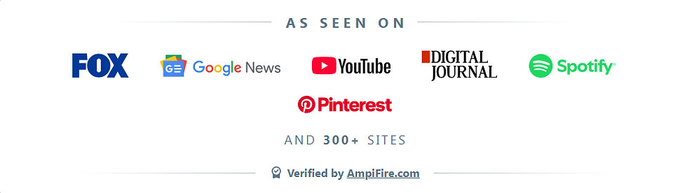 As seen on" media logos including FOX, Google News, YouTube,
Digital Journal, Spotify, and Pinterest, with text indicating "and 300+
sites" below. At the bottom, there's a verification badge stating Verified by AmpiFire.com