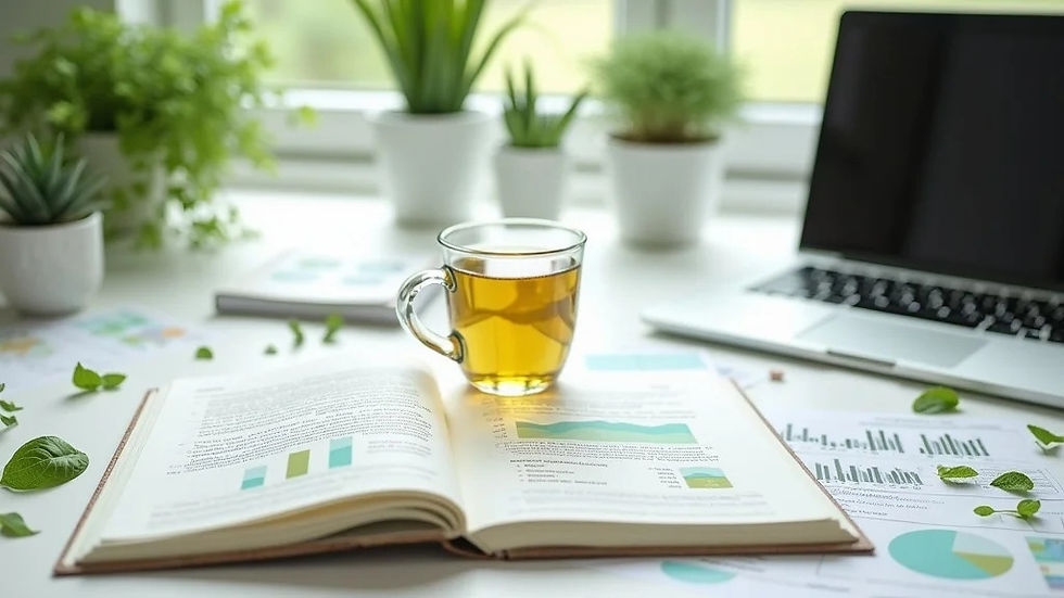 "A glass cup of herbal tea sits on an open research book surrounded by charts and data pages, a laptop, and small potted green plants on a bright white desk near a sunlit window."
