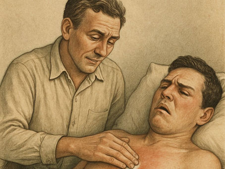 A pencil drawing of a caregiver applying salve to the chest of an ill man lying in bed with flushed skin and a pained expression.