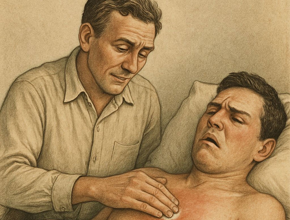A pencil drawing of a caregiver applying salve to the chest of an ill man lying in bed with flushed skin and a pained expression.