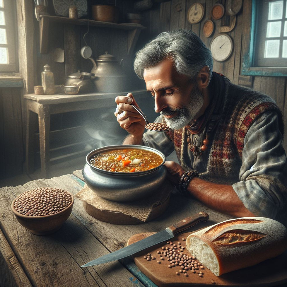 a man eating lentil soup