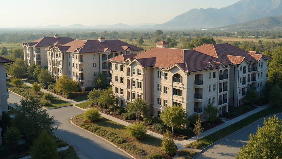 High angle view of a multi-family apartment complex with landscaped surroundings
