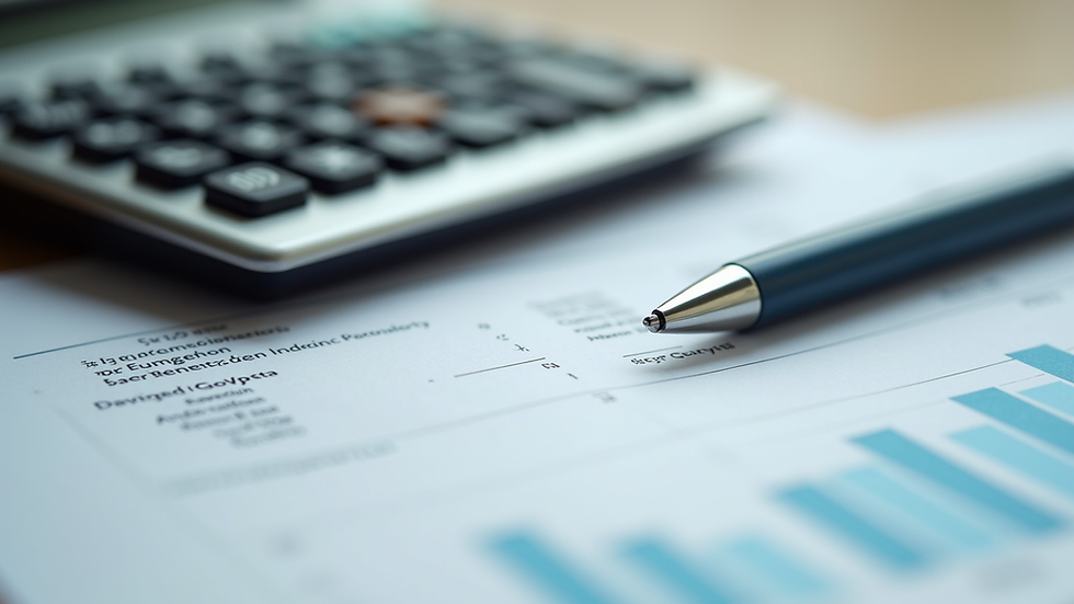 Close-up view of a financial document with a calculator and pen