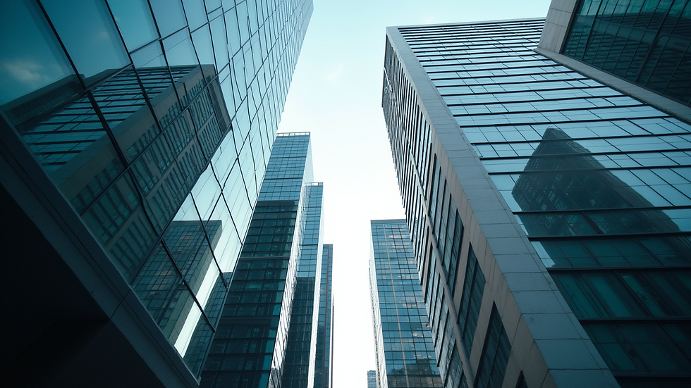 Eye-level view of a modern office building in a business district
