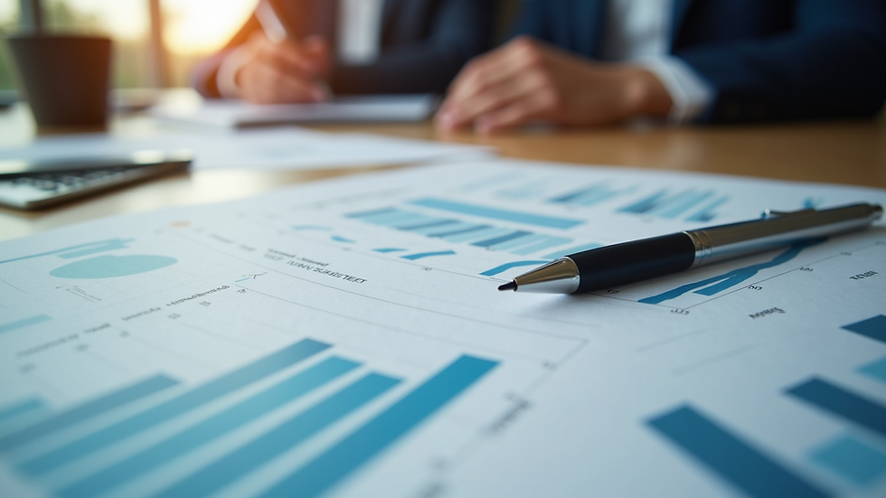 High angle view of a commercial real estate investment meeting with charts and documents