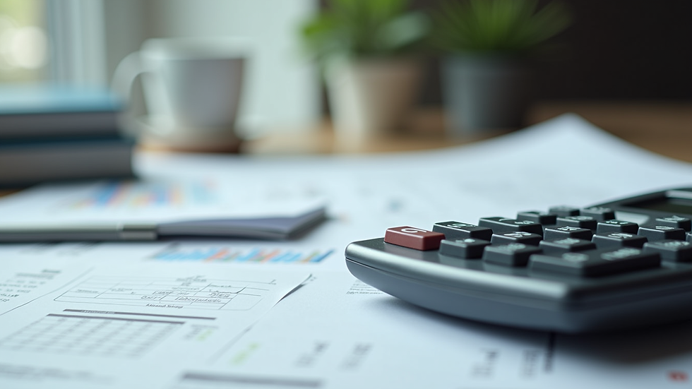 Close-up view of a calculator and financial documents on a desk
