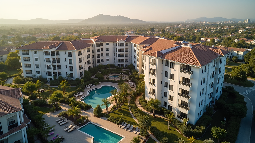 High angle view of a multi-family apartment complex with landscaped surroundings
