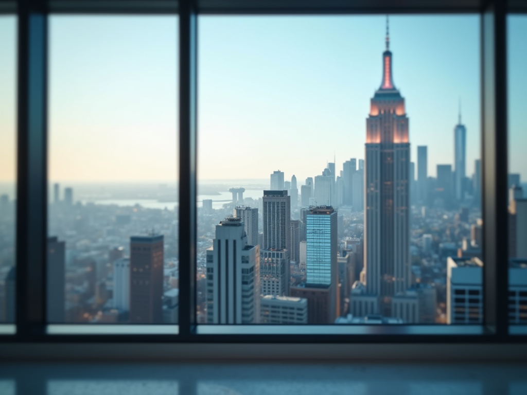 A view of a modern cityscape skyline seen through the wide windows of a prestigious corporate office.