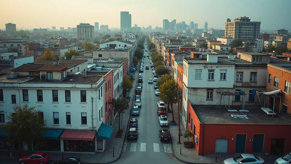 High angle view of a bustling urban neighborhood with mixed-use buildings