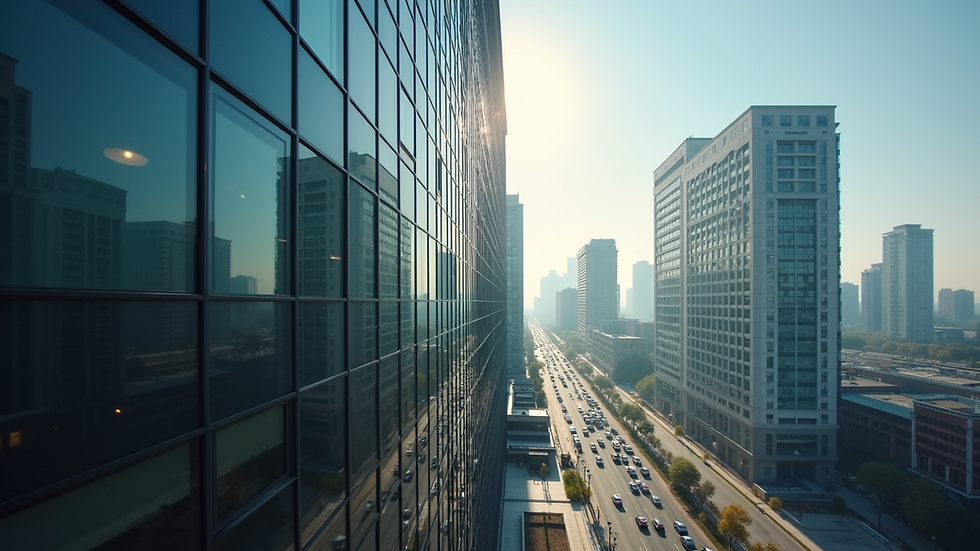 High angle view of a commercial office building in a city center
