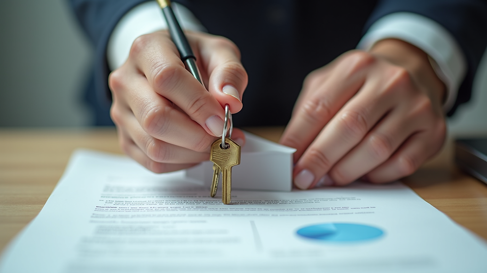 Close-up view of hands holding house keys over a contract