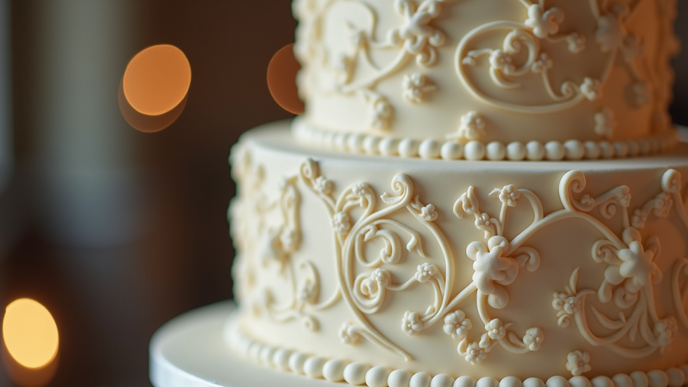 Close-up view of a beautifully intricate wedding cake representing elegance and detail