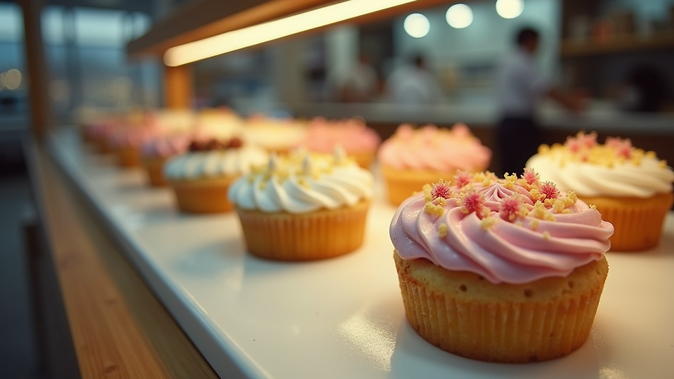 High angle view of a bakery counter filled with colorful wedding cake samples