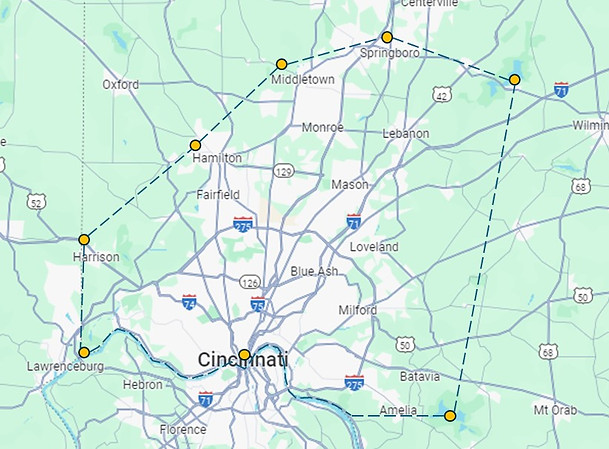 Mobile service area map. We serve the greater Cincinatti area.