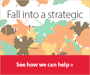 Cardinal Health digital ad with fall leaves being raked away to reveal the text, which reads, "Fall into a strategic pertnership for ASC development. See how we can help."