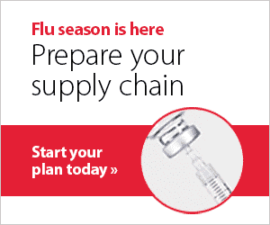 Cardinal Health digital ad with footage of a syringe pulling from a vial that reads, "Flu season is here. Prepare your supply chain. Start your plan today."