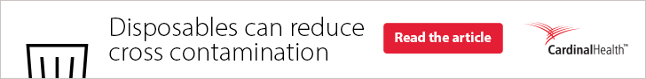 Cardinal Health digital ad featuring medical supplies falling into a trashcan that reads, "Disposables can reduce cross contamination. Read the article."