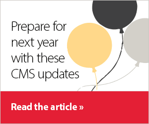 Cardinal Health digital ad with New Years Eve balloons and confetti that reads, "Prepare for next year with these CMS updates. Read the article."