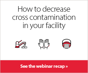 Cardinal Health digital ad featuring icons of a running sink, medical gloves, and a face mask, which reads, "How to decrease cross contamination in your facility. See the webinar recap."
