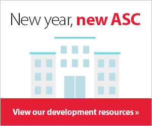 Cardinal Health digital ad that features a surgery center building opening to reveal staff members and confetti, which reads, "New year, new ASC. View our development resources."