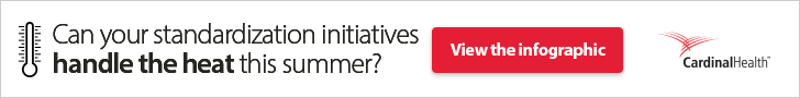 Cardinal Health digital ad featuring a rising thermometer that reads, "Can your standardization initiatives handle the heat this summer? View the infographic."