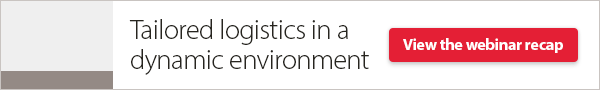 Cardinal Health digital ad with logistic vehicles driving back and forth that reads "Tailored logistics in a dynamic environment. View the webinar recap."