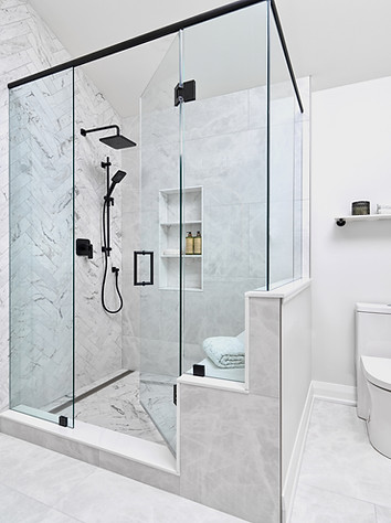 Glass Shower with Herringbone Tile and vertical niche