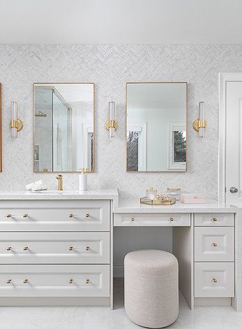 Brass, Lux Vanity with Make Up Table and Stool and marble backsplash