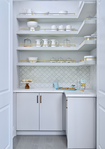 Kitchen Pantry with Floating Shelves and Brass Rails, Backsplash and Grey Finishes