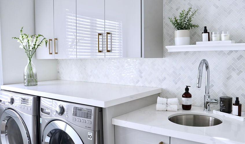 Laundry Room, grey uppers, quartz counter and herringbone backsplash