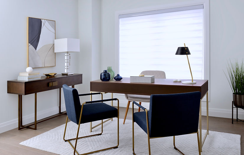 Home Office with Navy Chairs and Walnut Table and Console