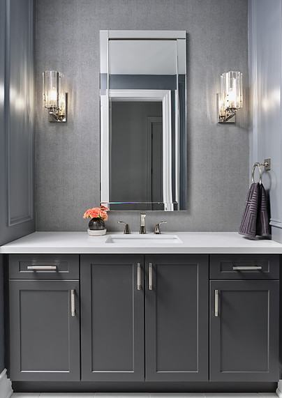 Dark Grey Powder Room Vanity with Metalic Wallpaper and Chrome Sconces