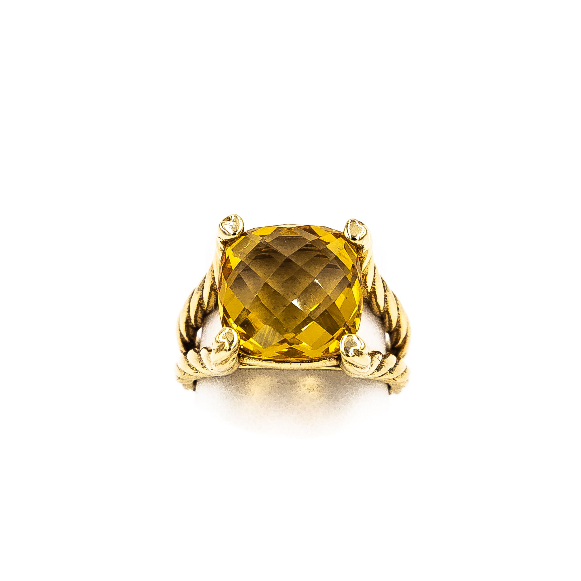 Yellow Gold Citrine Cushion Cut Rope Setting With Heart Prongs Ring