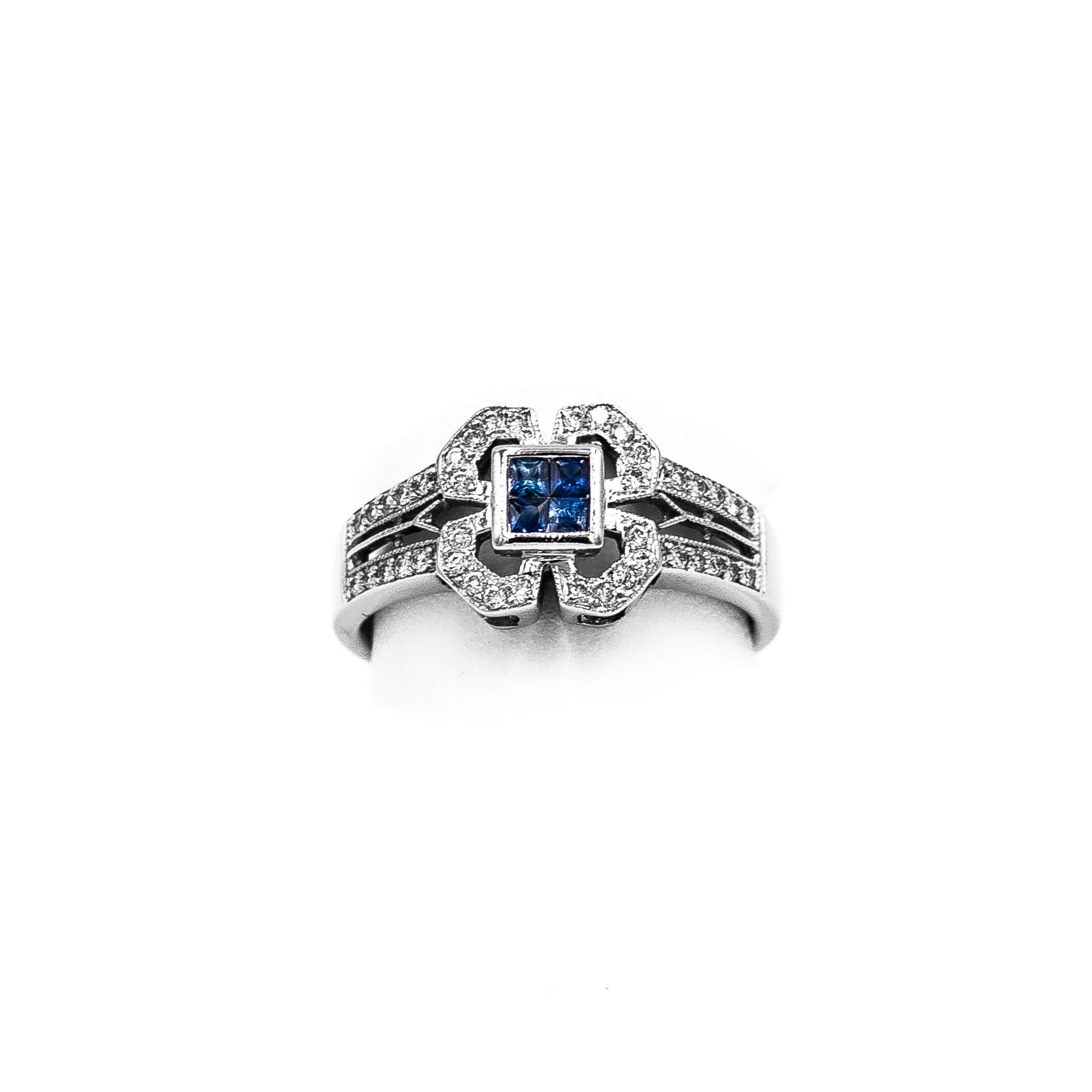 White Gold Bezel Set Filigree Style Sapphire Ring