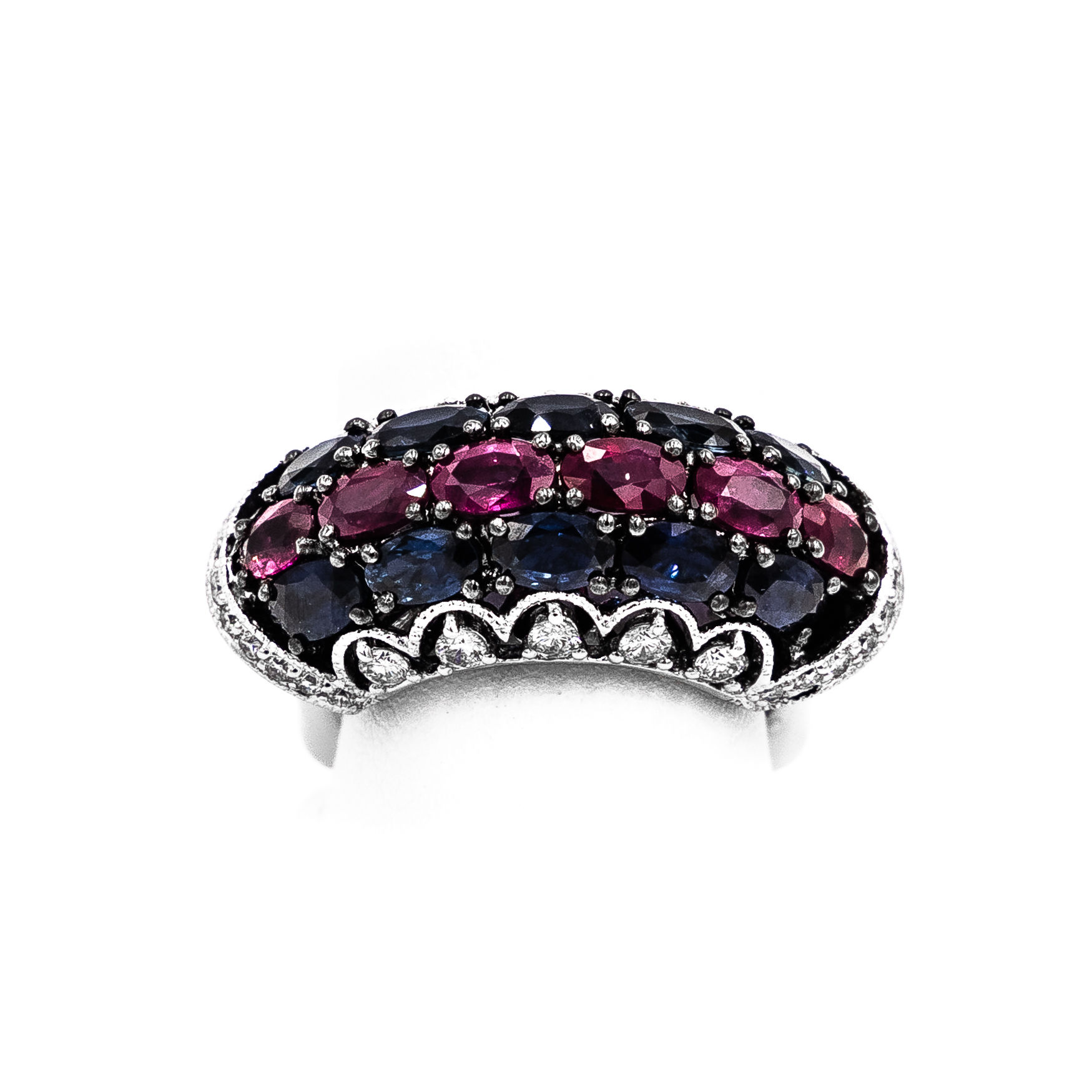White Gold 10 Sapphire 6 Rubies Curved Shank Ring