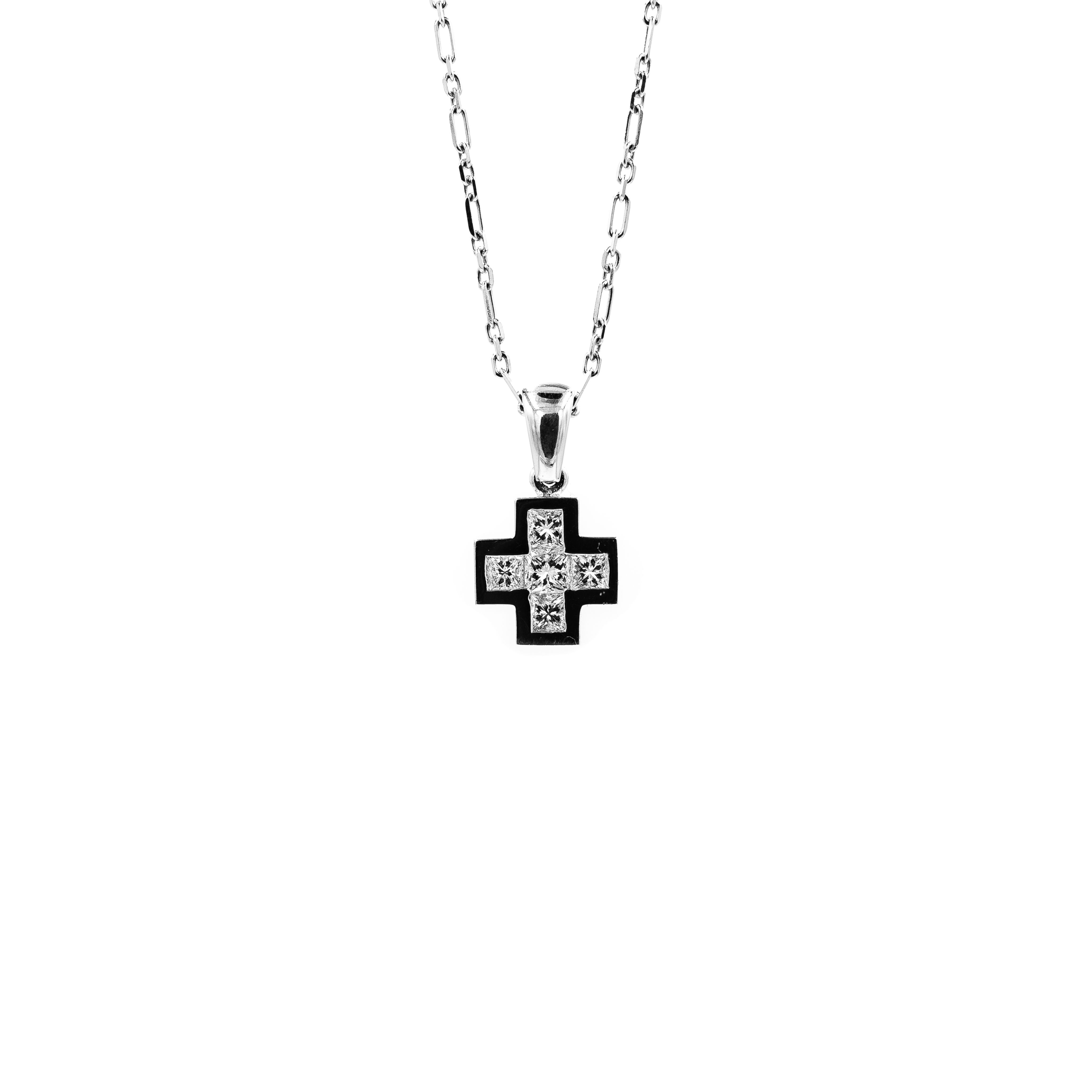 White Gold Open Link Chain Princess Cut Diamond Cross Necklace