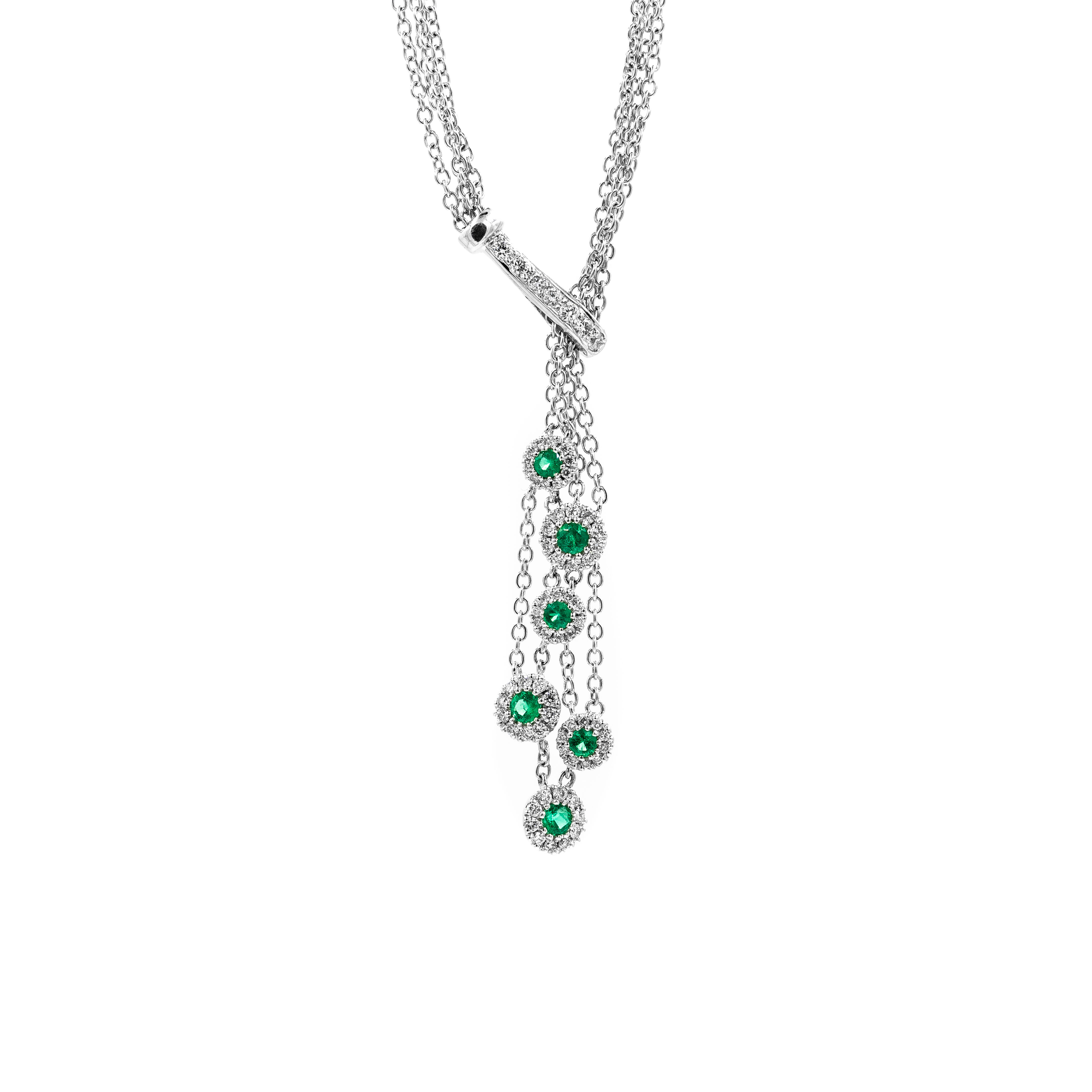 White Gold Dangling Neck Bezel Emerald Halo Necklace