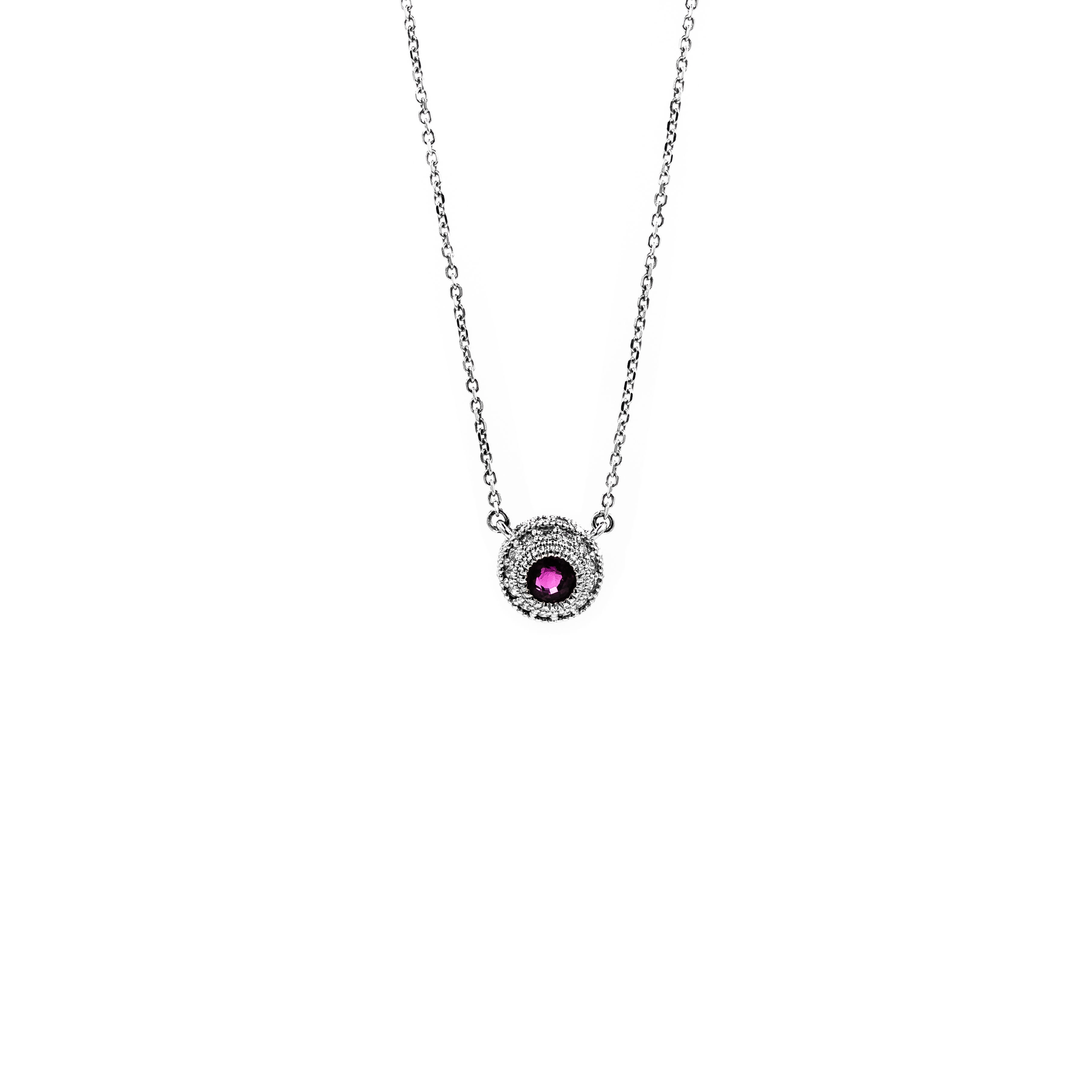 Classic White Gold Ruby Bezel Set Necklace