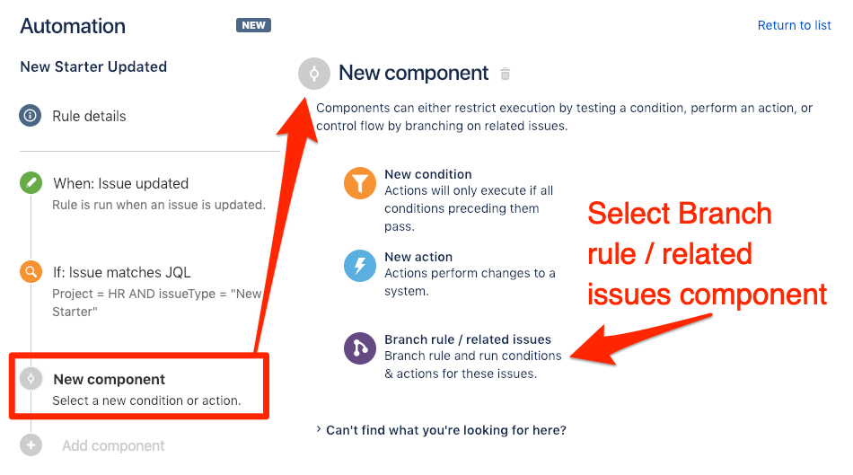 Select new rule branch and related issues component in Jira