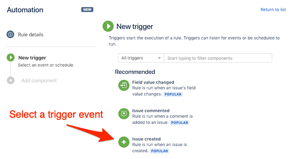 Select event trigger when Jira issue created