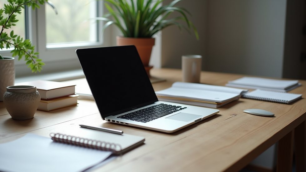 High angle view of an organized workspace with a laptop and stationery