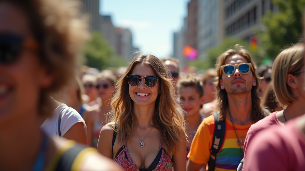 Eye-level view of a vibrant Pride parade crowd