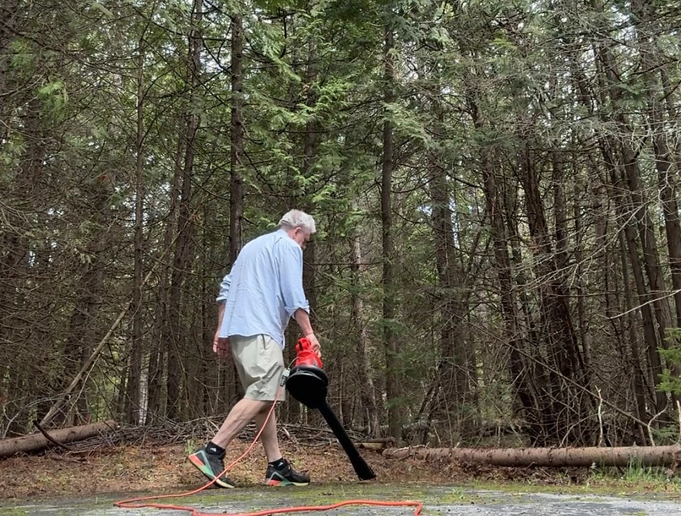 Man using a leaf blower at a Door County home after severe storms, clearing leaves and debris while discovering the unexpected peace of a simple outdoor ritual.