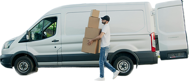 man carrying boxes in front of a moving van