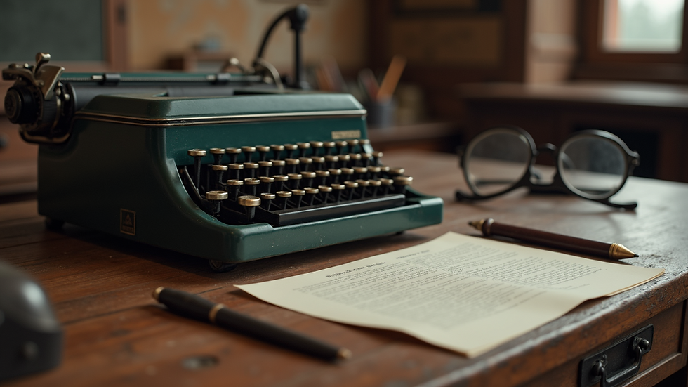 Eye-level view of a vintage typewriter on a wooden desk